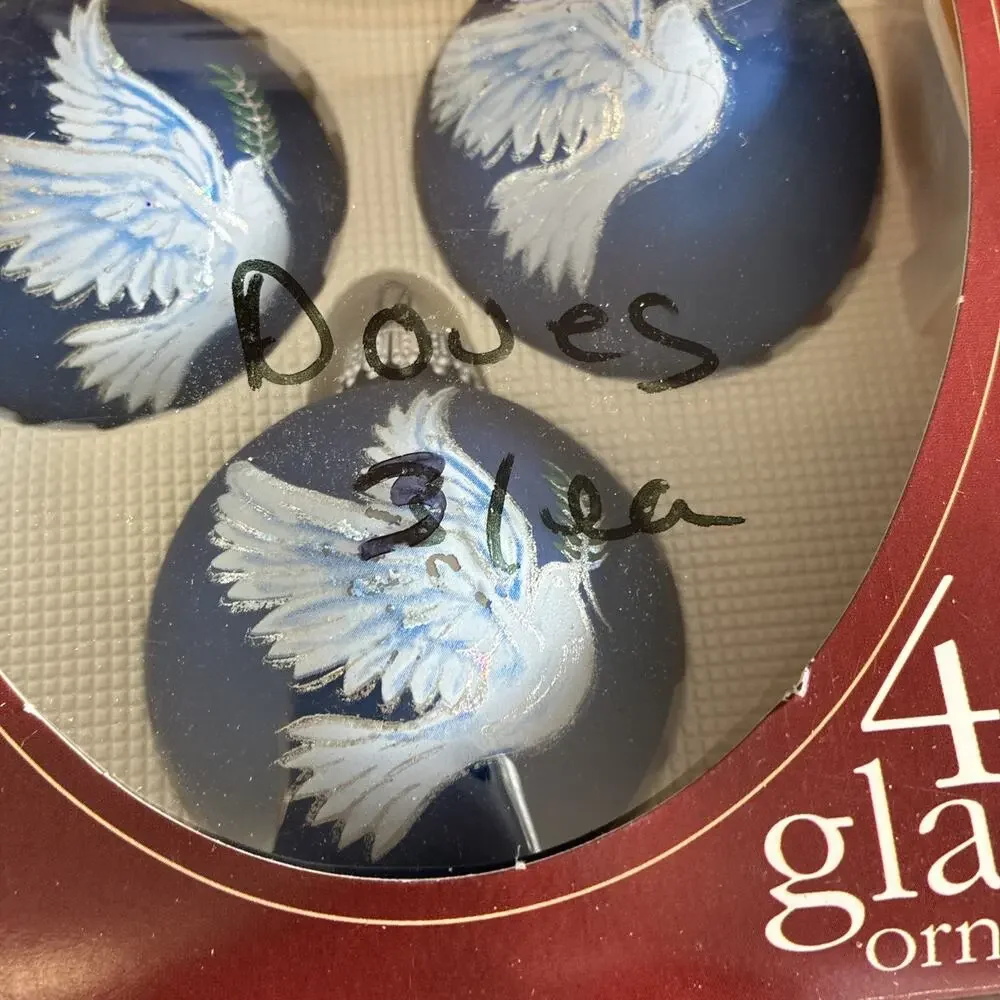 Vintage Krebs Lot of 6 Glitter Hand Painted Doves Blue Glass Ball Ornaments